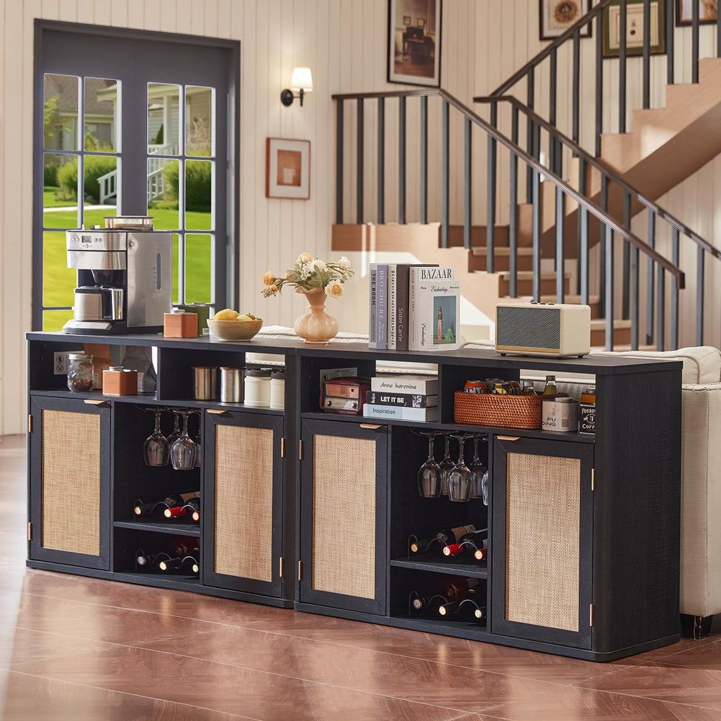 Rattan Wine Bar Cabinet with Storage, Black