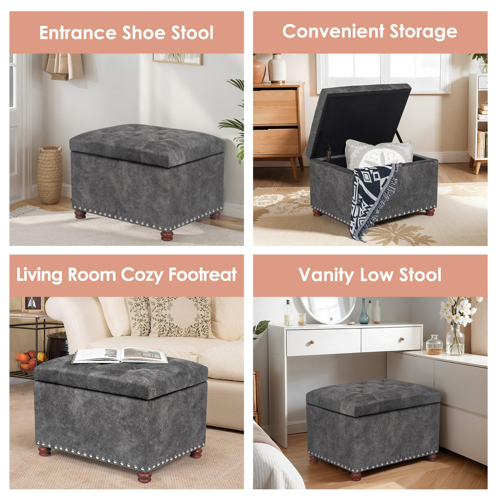 24'' Ottoman with Storage, Upholstered Storage Ottoman Stool, Velvet Tufted Cube Footstools Small, Hinged Foot Rest