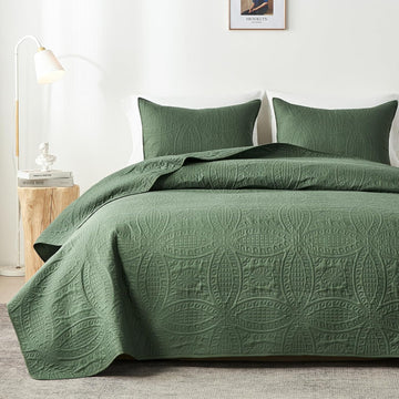 Queen Quilt Bedding Set,Olive Green Ultrasonic Full/Queen Quilt Set,Lightweight Soft Bedspread Coverlet,Modern Style