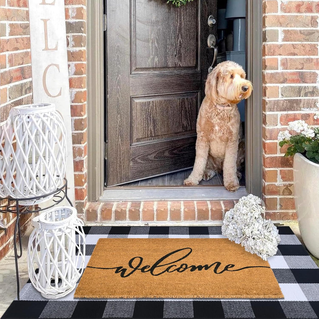 Welcome Front Door Mats Combo Set, 100% Coco Coir Doormat + 28" x 43" Black and White Plaid Rug, Front Porch Entryway
