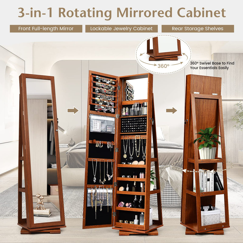 360 Rotating Jewelry Armoire Cabinet, Standing Jewelry Organizer w/Full-Length Mirror & Large Storage Space, Lockable