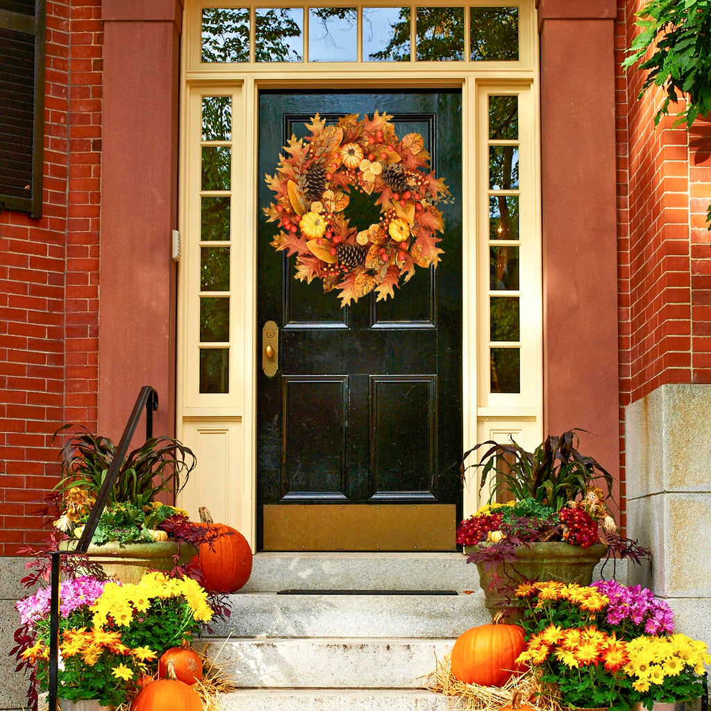 24 Inch Fall Wreath for Front Door, Pumpkin Berry Maple Leaf Autumn Decor