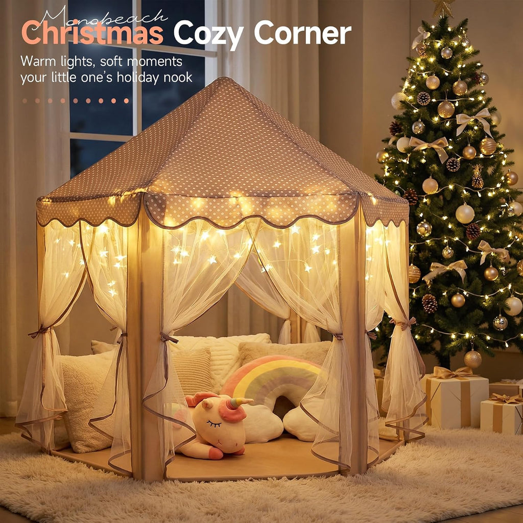 Princess Play Tent for Girls: Brown Large Kids Castle Playhouse with Mesh Curtains & Star Lights - Indoor Outdoor