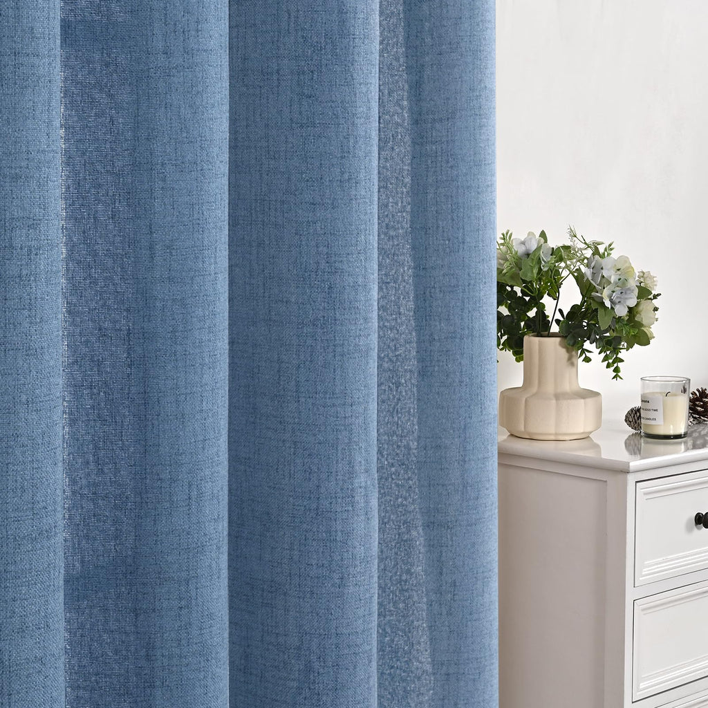 Blue Linen Curtains 63 Inch Length 2 Panels Set- Light Filtering Drapes with Bronze Grommet Privacy Ocean Decorative