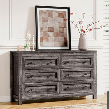 Farmhouse 6-Drawer Dresser, Rustic Wood Chest of Drawers, Grey
