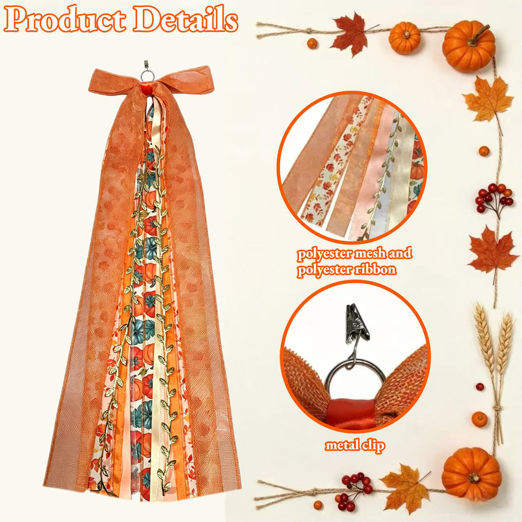 Fall Bows for Wreaths, Clip-On Wreath Sash Ribbons for Front Door, Fall Decor for Thanksgiving Harvest Festival