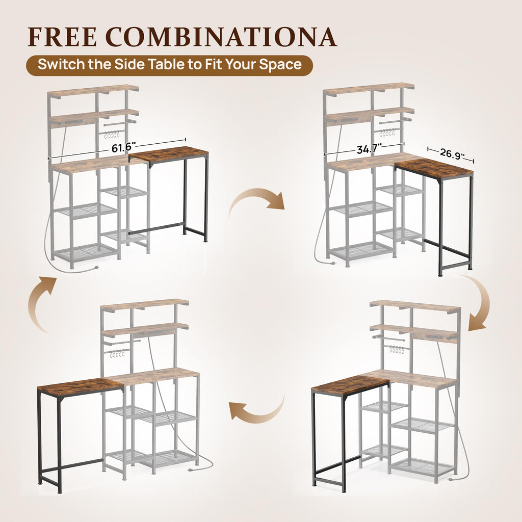 Bakers Rack with Side Table, 5-Tier Coffee Bar with Power Outlets