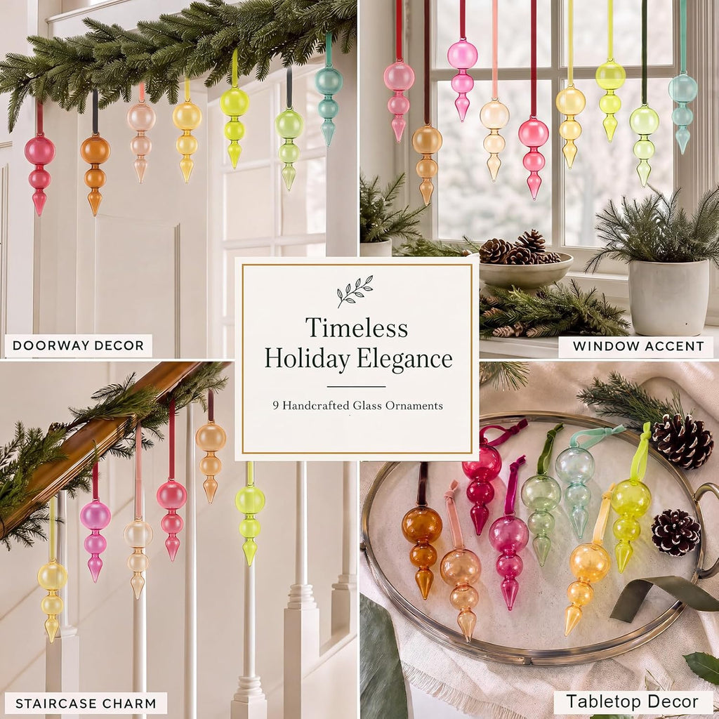 9 Pcs Hand Blown Glass Finial Christmas Ornaments, Iridescent