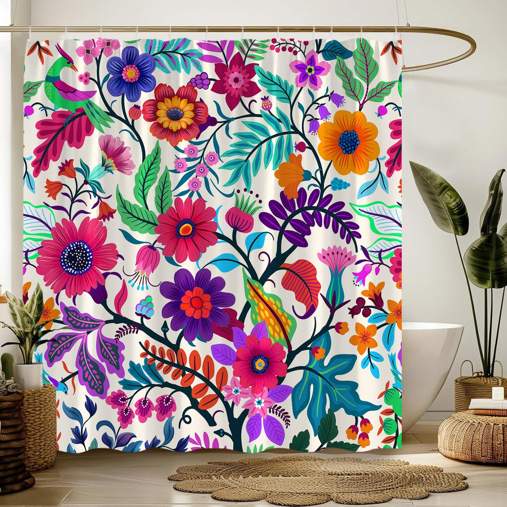 Boho Floral Shower Curtain Colorful Paisley Abstract Mandala Flower Leaf Vibrant Ethnic Tribal Blossom Vintage Swirls