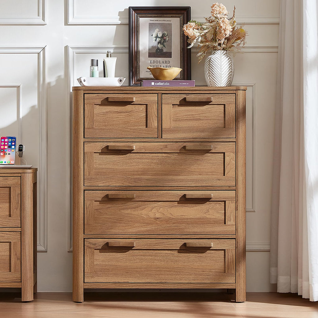Farmhouse 5 Drawer Dressers, Brown