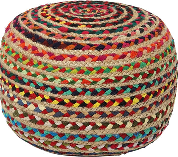 Braided Jute Cotton Pouf - Circular Boho Ottoman - Multi | Jute with Cotton Pouf, 19.5"x19.5"x14"; Braided Boho