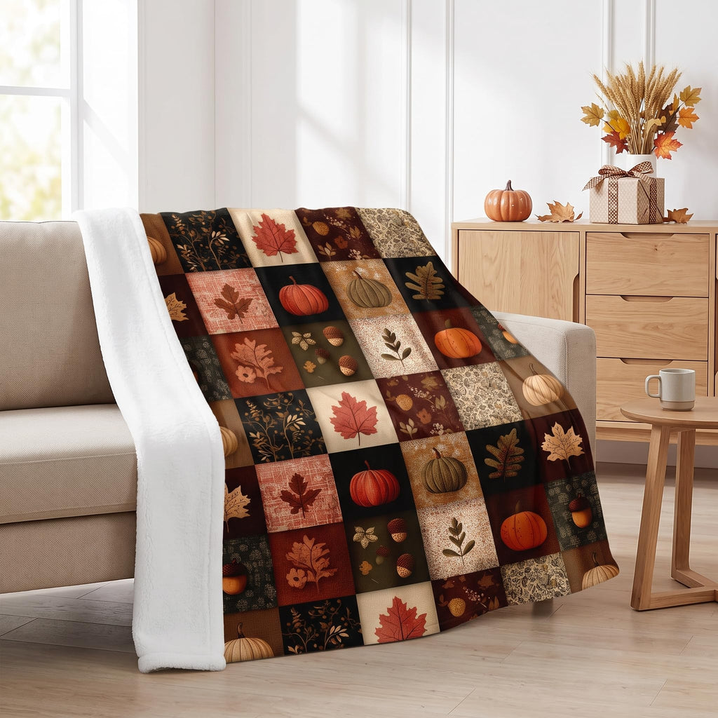 Fall Blanket 60"x80" Autumn Plaid Pumpkin Maple Leaves Acorns Throw Blankets Seasons Soft Warm Cozy Lightweight