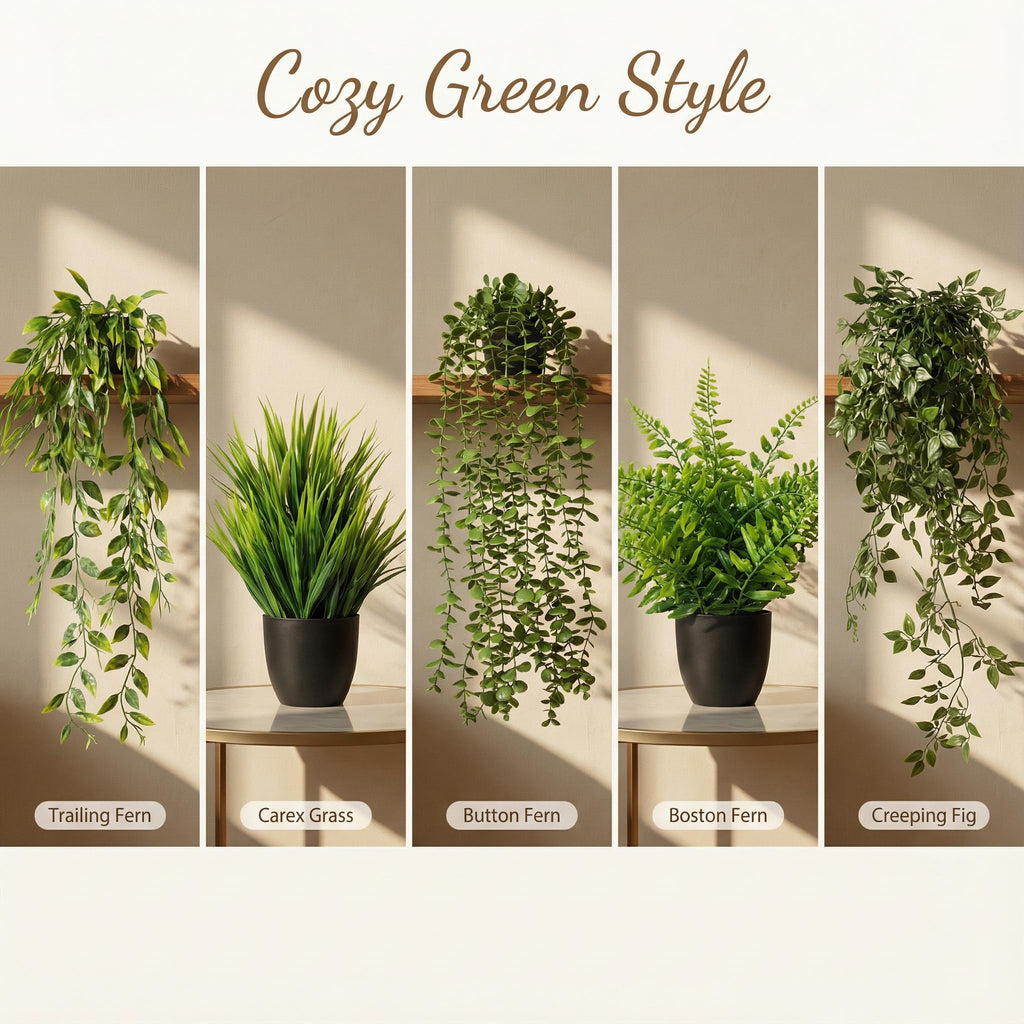 5 Pack Fake Plants - Artificial Hanging Plants & Small Potted Faux Eucalyptus Fern Ivy, UV Resistant