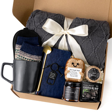 Get Well Soon Gift Baskets for Men, Self Care Package for Men, Fathers Day Gifts Basket with Plush Blanket Ceramic