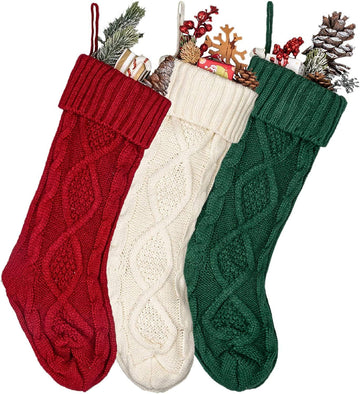 Cable Knit Christmas Stockings Kits Solid Color White Ivory Classic Decorations 18" (18inch 3PCS, White&red&Green)