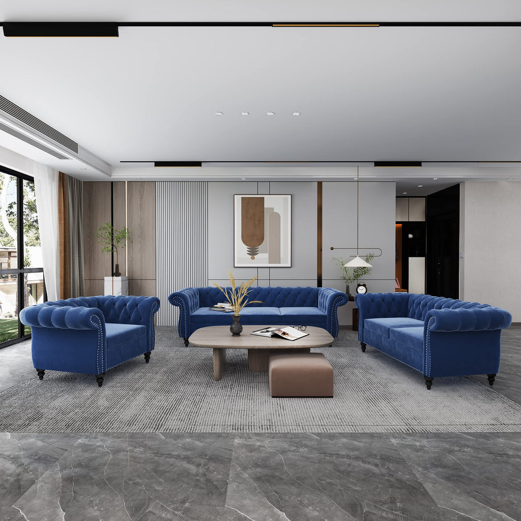 Chesterfield Classic Sofa, Mordern 3 Seater Velvet Sofa Couch, Tufted Back Chesterfield Settee Sofas with Nailhead