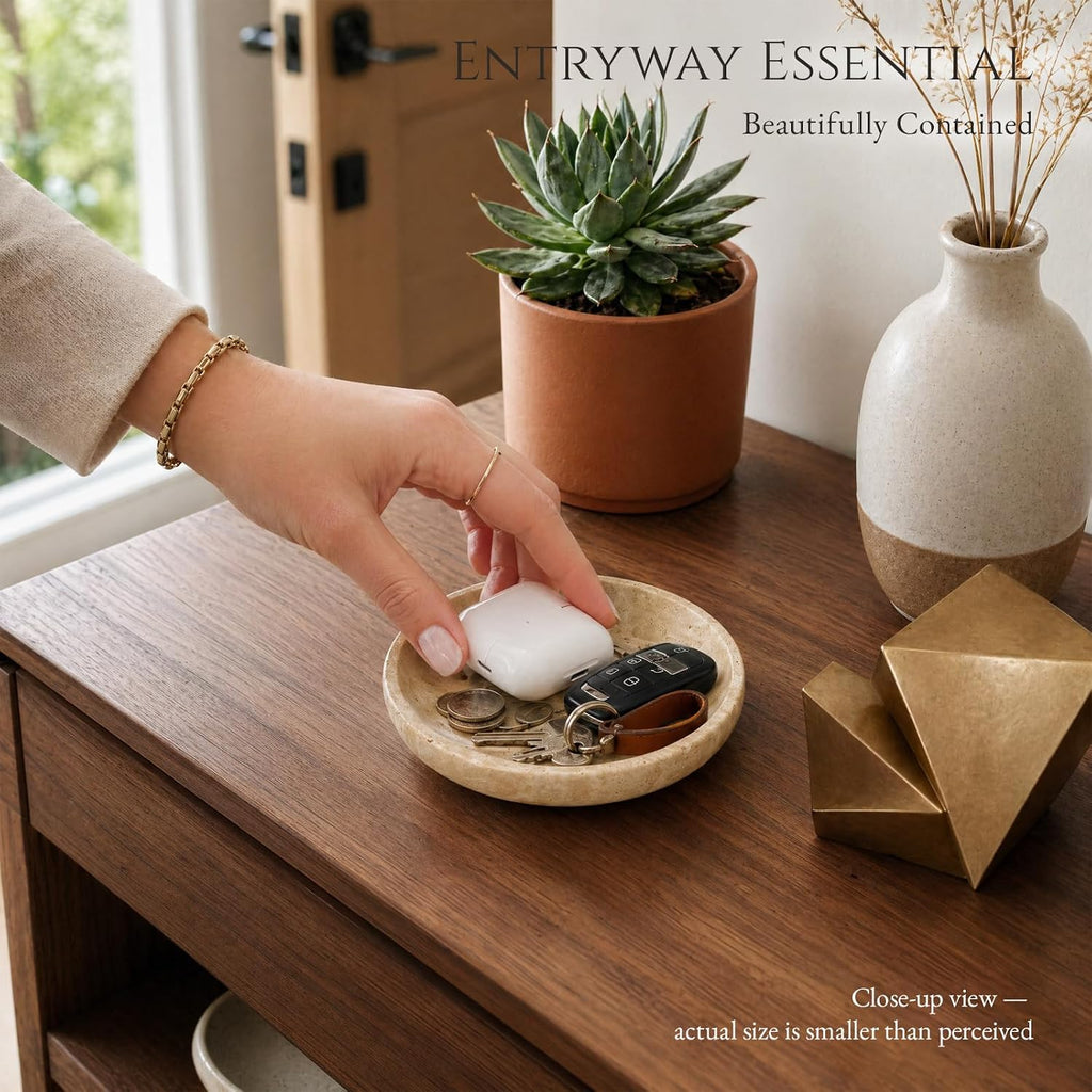 Natural Travertine Valet Tray - 5.5" Round Stone Jewelry Trinket Dish Catchall for Keys, Watches, Rings - Decorative