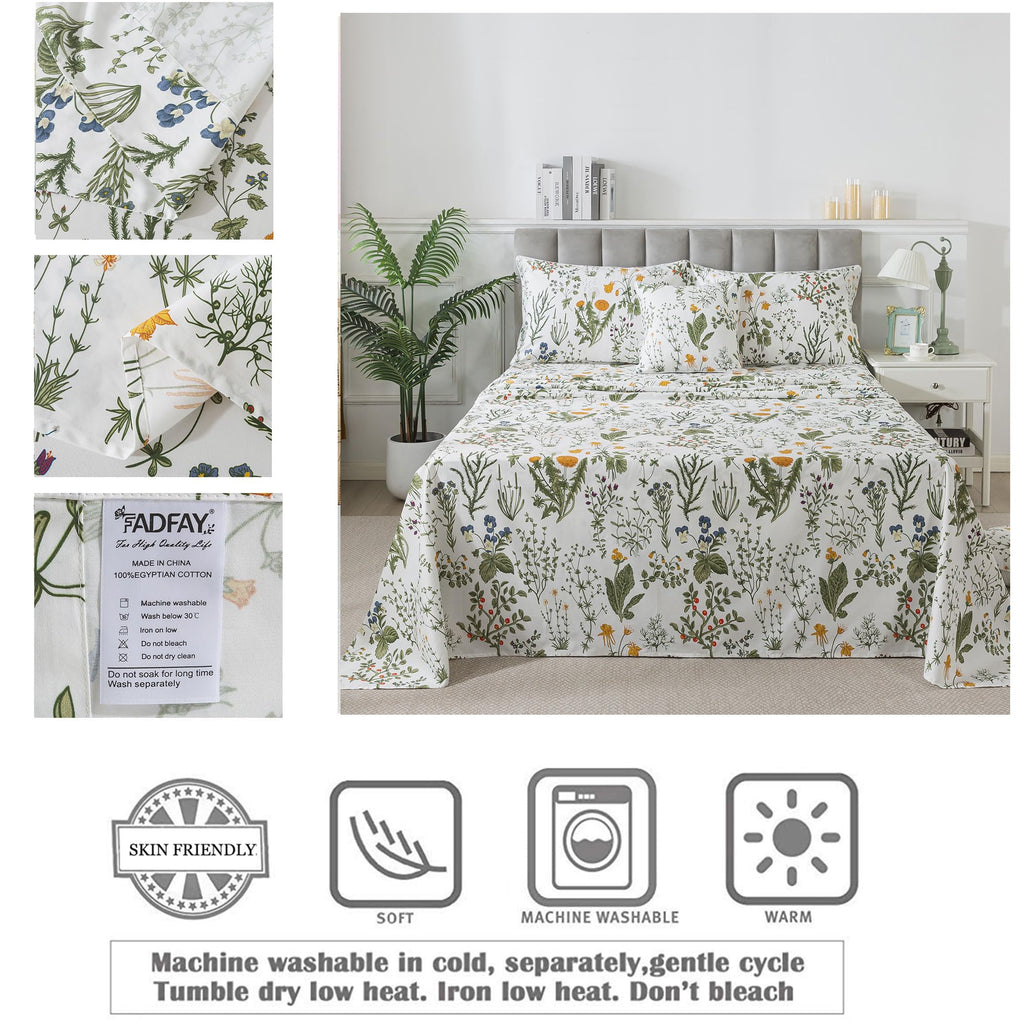 100% Egyptian Cotton Sheets Queen Botanical Printed Floral Sheets Yellow Flowers & Leaves Pattern Farmhouse Bedding