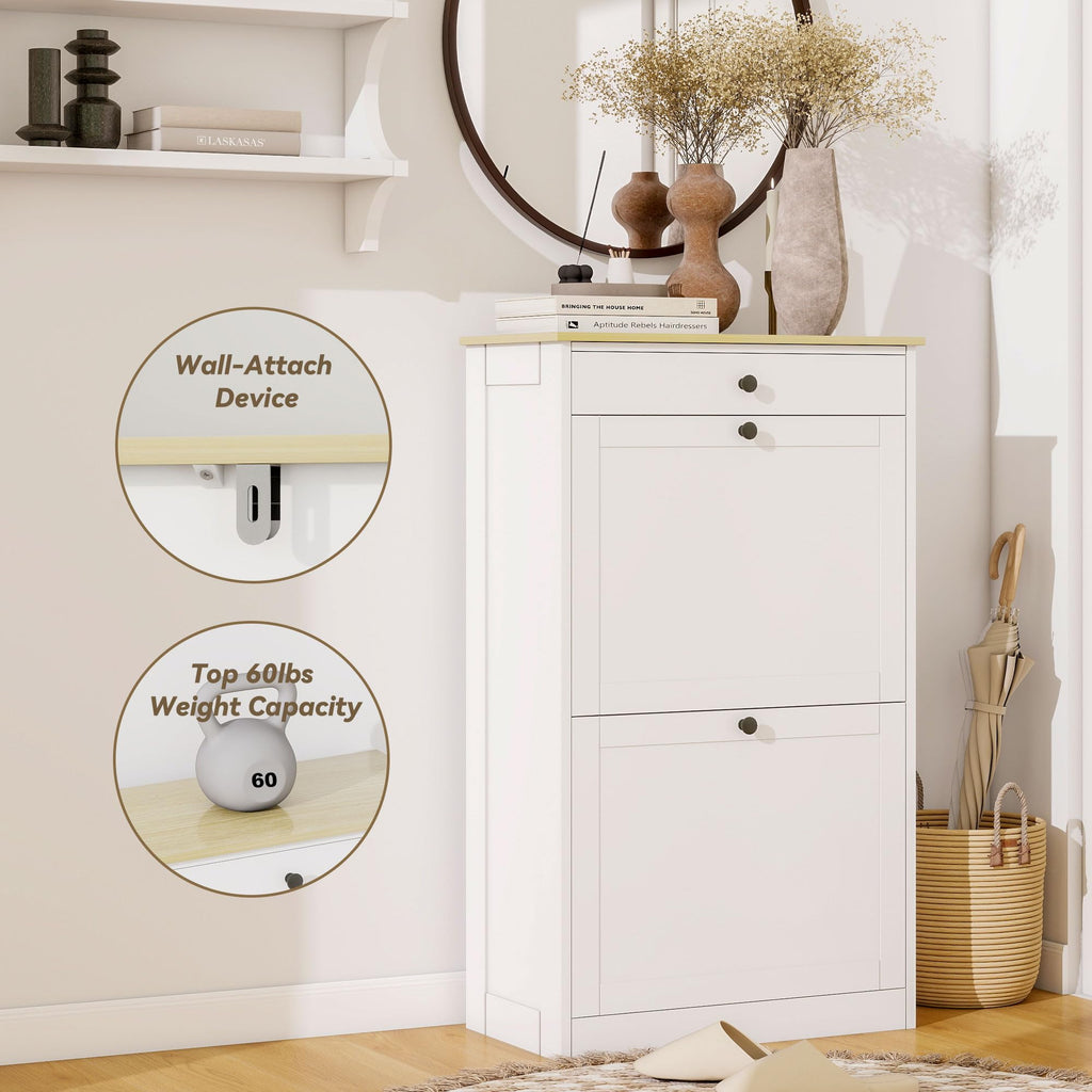 Shoe Storage Entryway with 2 Flip Drawers, Narrow Wooden Shoe Cabinet