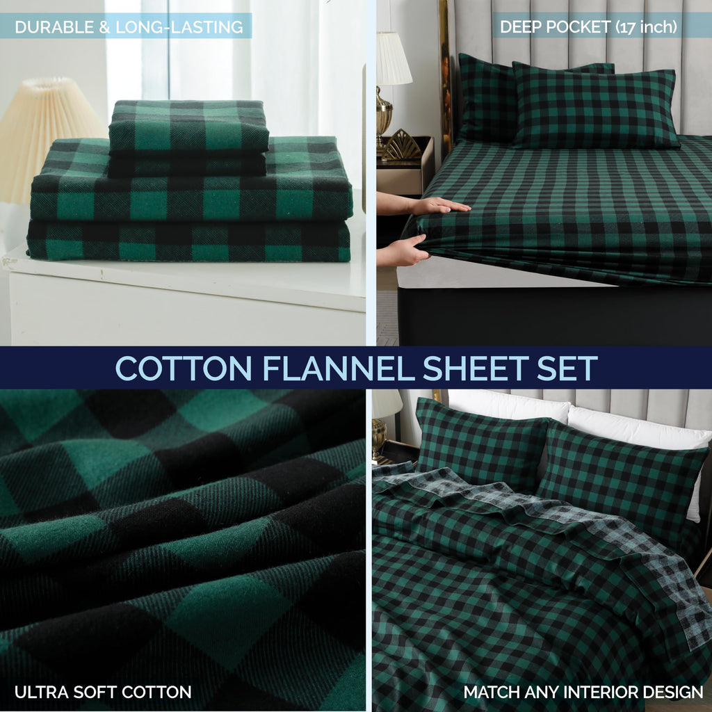 Buffalo Check Plaid Flannel Sheet Set, King, Green