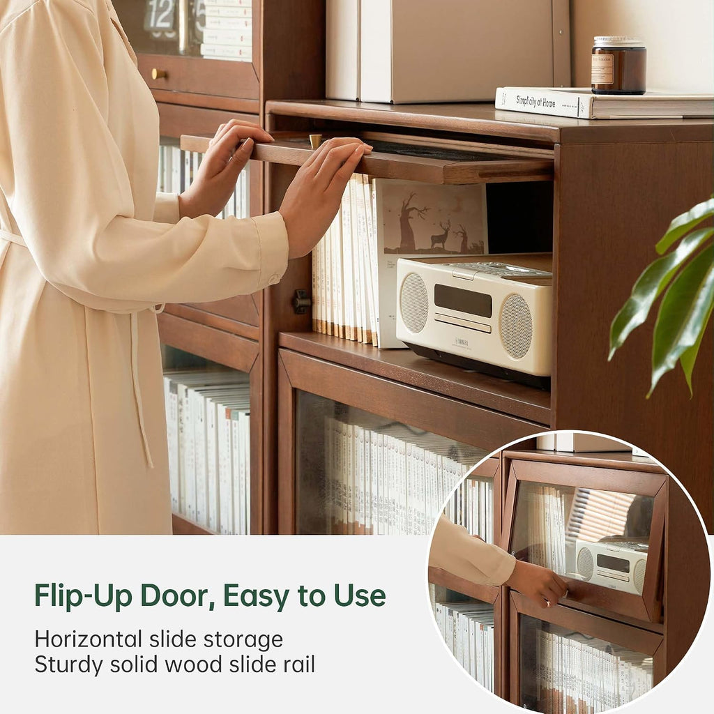 Solid Wood Bookshelf with Glass Flip-Up Doors, Vintage Display Cabinet, Solid Rubber Wood Combination Bookcase