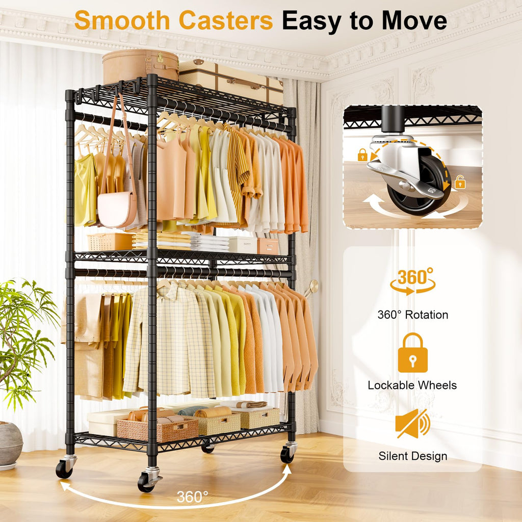 P5 Rolling Clothes Rack, Clothing Racks for Hanging Clothes, Black