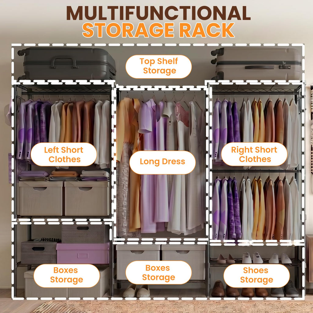 Heavy Duty Clothes Rack, Portable Closets with 6 Rods & 6 Shelves