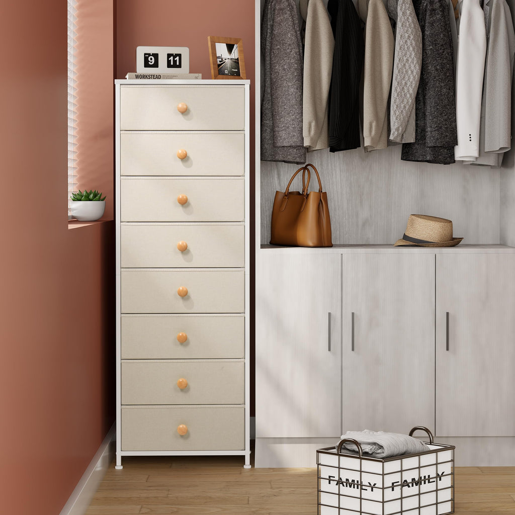 Fabric, 8 Drawer Tall Vertical Skinny Tower (Beige)
