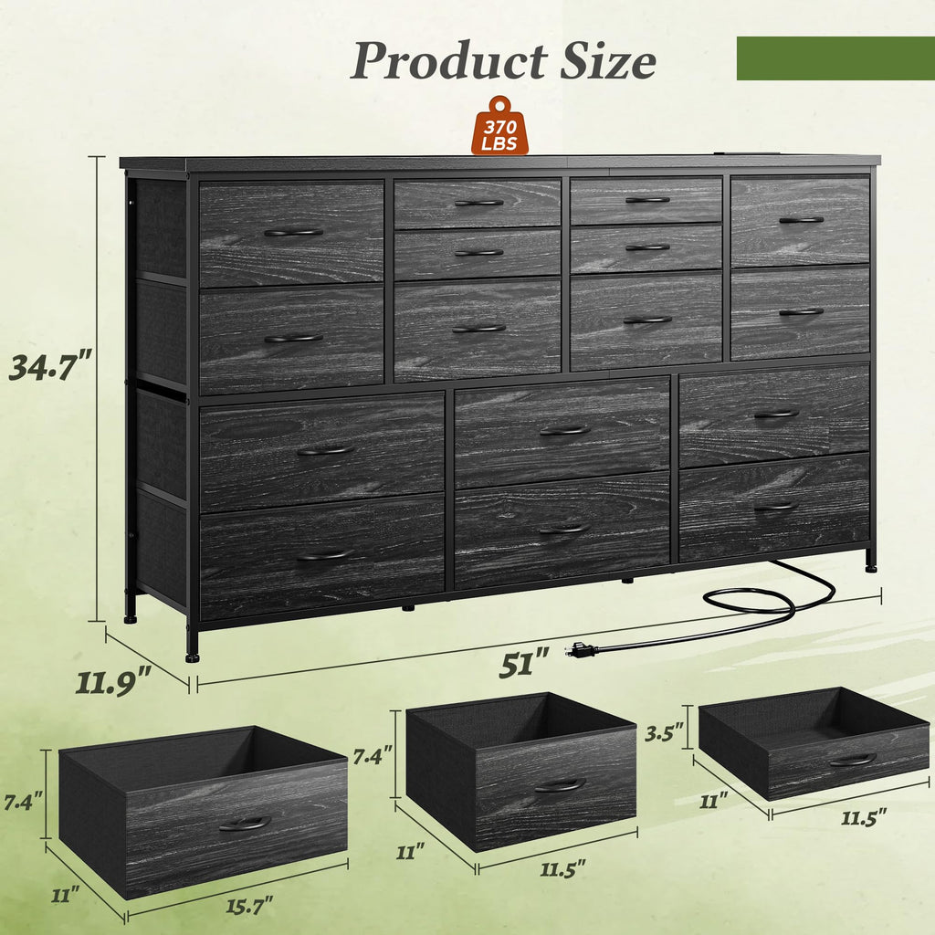 16 Drawer Dresser with Charging Station, Rustic Black