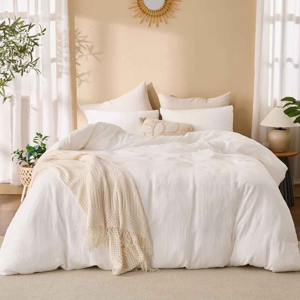 Off White Duvet Cover Queen, 100% Sandwashed Cotton Soft Queen Duvet Cover Set 3 Pieces with Zipper Clousre & Corner