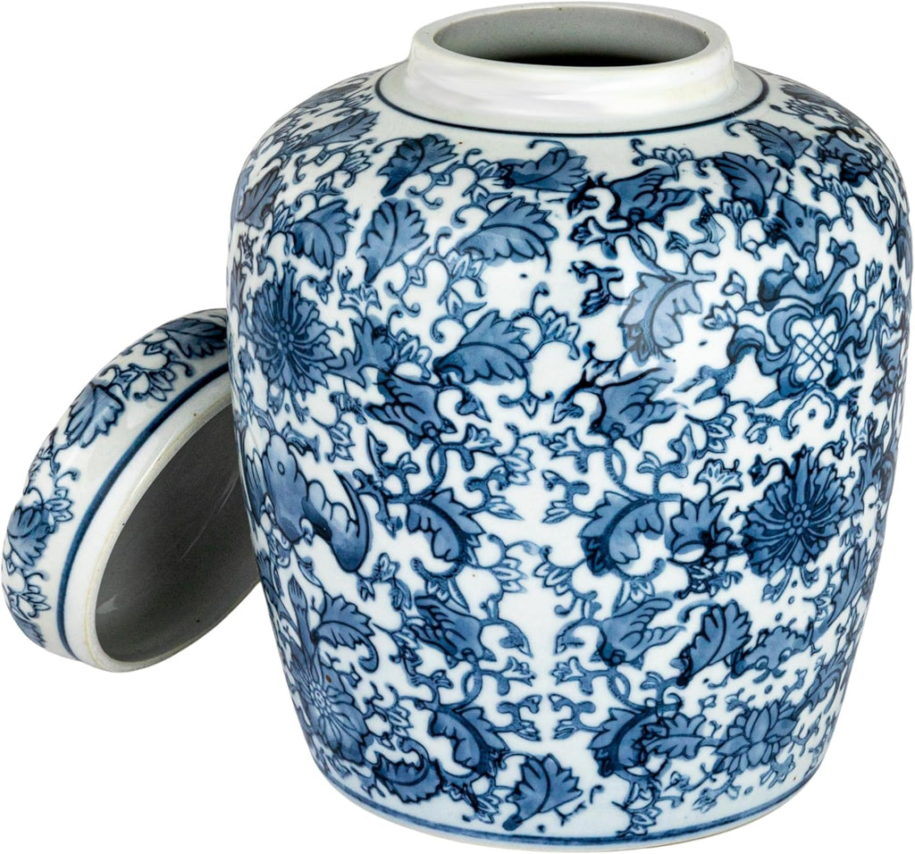 Medium Decorative Ceramic Ginger Jar with Lid, Blue and White Floral Pattern