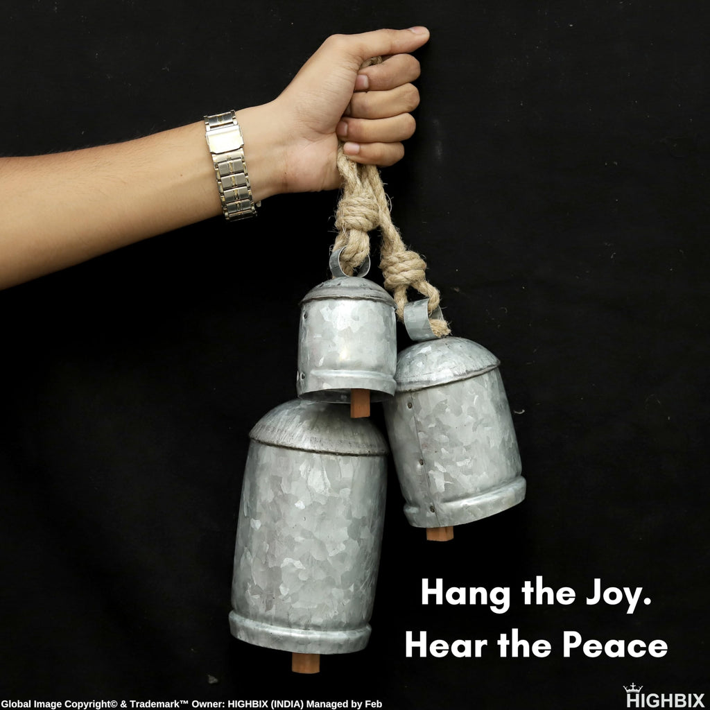 Set of 3 Medium Galvanized Metal Hanging Cow Bells Rustic Farmhouse Vintage-Style Cowbells with Jute Rope for Wall