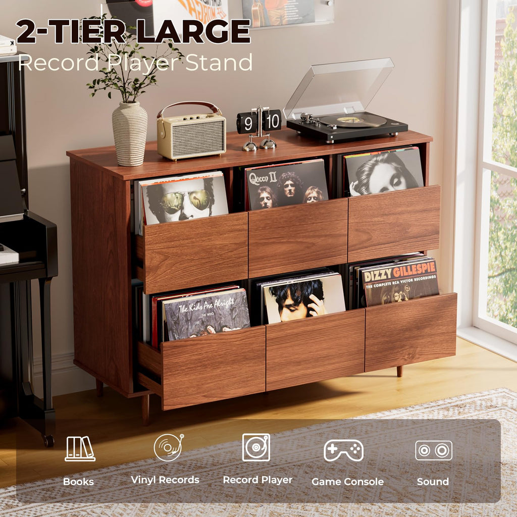 47.2" Large Record Player Stand, Vinyl Record Storage Cabinet, Brown