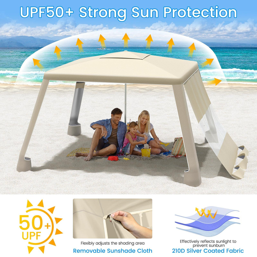 Beach Cabana, 8'×8' Large Beach Canopy with Side Wall, UPF 50+ Protection Easy Setup Beach Tent Sun Shelter
