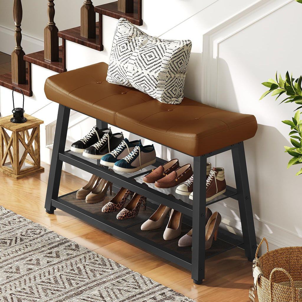 Shoe Bench, 3-Tier Shoe Rack, Entryway Bench with Storage and Cushion, Foyer, Bedroom, Brown and Black HX02BV