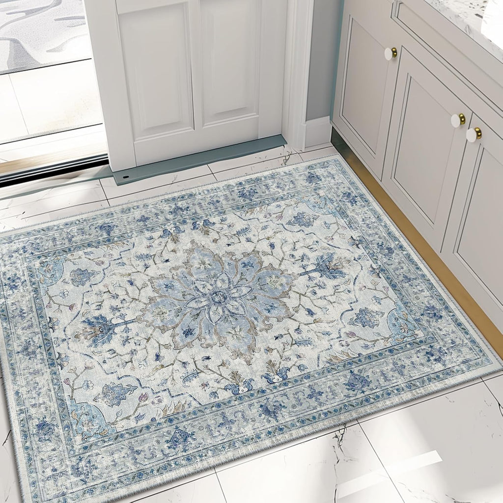 Area Rugs Washable Non-Slip, Floral Vintage Distress Print Pattern Medallion Carpet for Living Room Bedroom Dining Room
