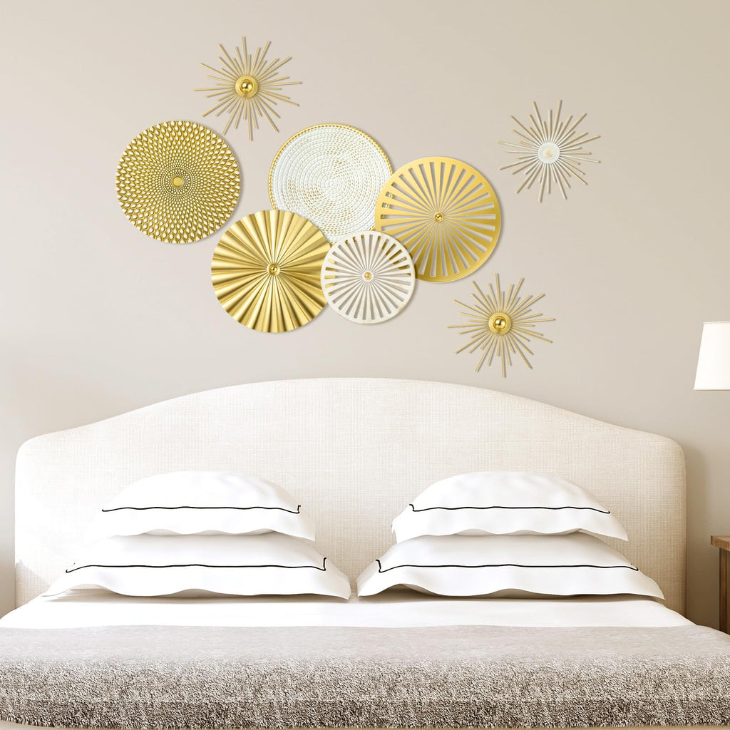 White Gold 8 Pcs Wall Decor Round Modern Metal Plate Art