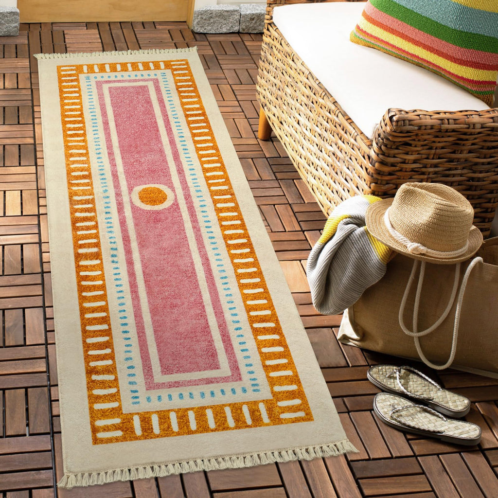 Boho Bathroom Runner Rugs with Fringes, Sun Washable Hallway Runner Rug, Extra Long Soft Non-Slip Orange Rainbow
