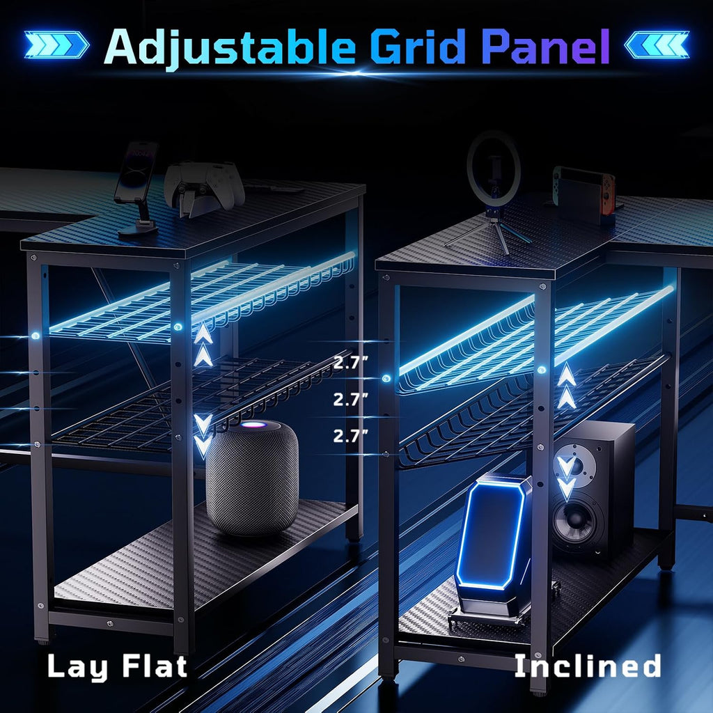 42-Inch L-Shaped Computer Desk with Charging & LED, Black | Charging 2AC+USB+Type-C, RGB LED Strip, Reversible