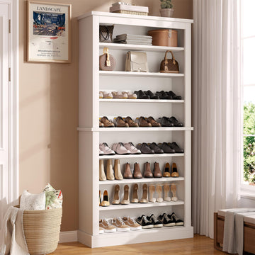71'' Tall Freestanding Shoe Cabinet with Open Storage, 9-Tier Thickened Wood Shoe Rack with Adjustable Shelves &