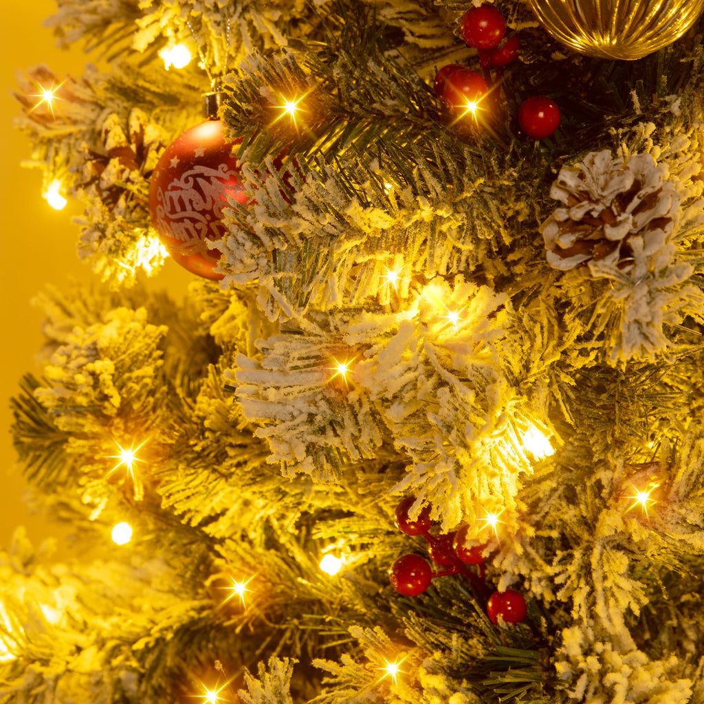 7FT Pre-Lit Snow Christmas Tree with Remote Control and Timer, Snow Flocked Artificial Pencil Christmas Tree with 798
