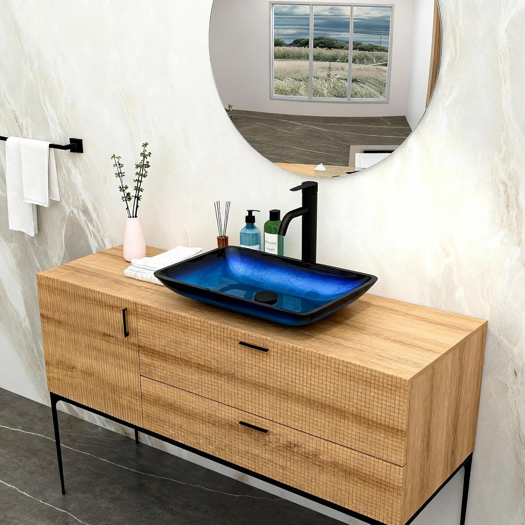 22"×14.25" Vessel Sink, Bathroom Sink Above Counter Amber Blue Gradient Tempered Glass Bowl Square Sink for
