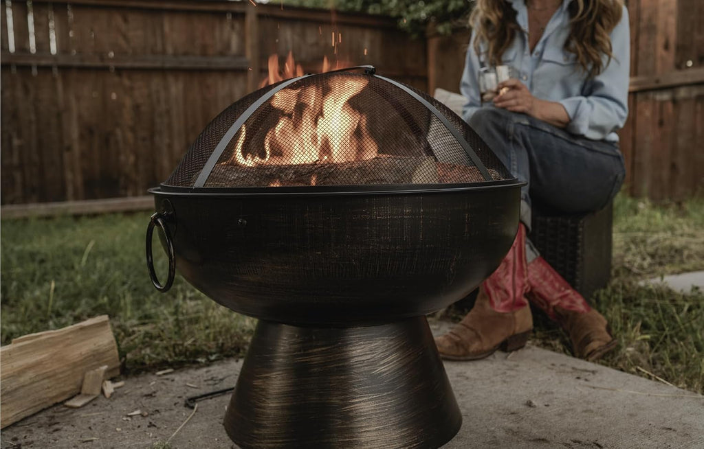 GasOne 22 in Round Outdoor Fire Pit - Wood Burning With Mesh Lid and Fire Picker - Durable Alloy Steel for Outside