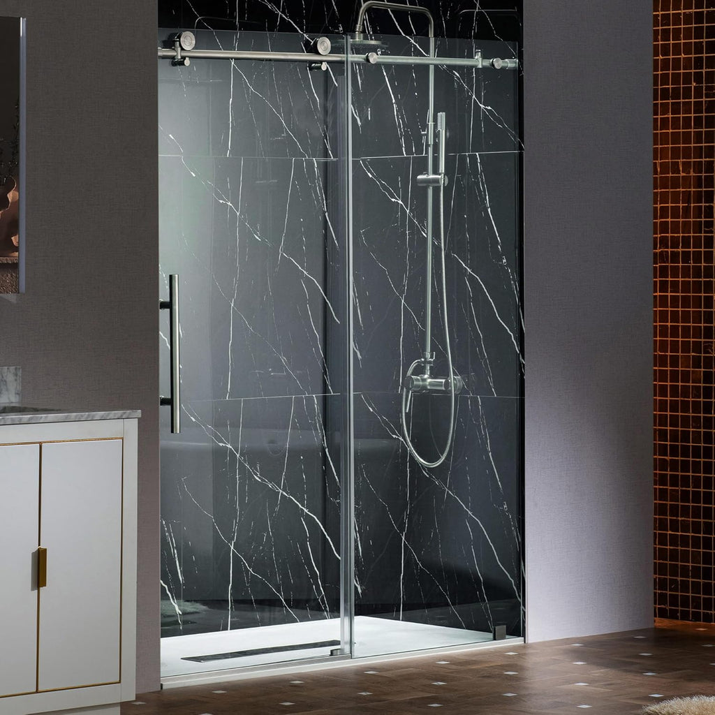 57.5-60" Wx76 H Soft Close Frameless Shower Door, 3/8"(10mm) Explosion-Proof Tempered Glass, Brushed Nickel Finish