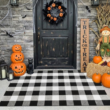 Fall Decor Cotton Buffalo Plaid Rug, 3' x 5' Black and White Outdoor Rug Front Door Decorative Mat, Washable Doormat