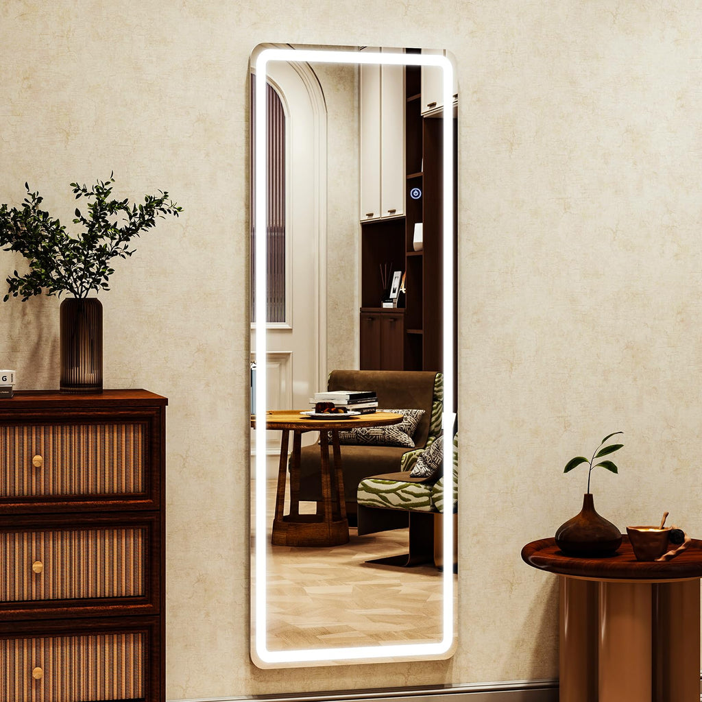 LED Rectangular Corner White Full Length Mirror - 16" x 60" Brightness Adjustable, Touch Screen Control, Wall Mounted