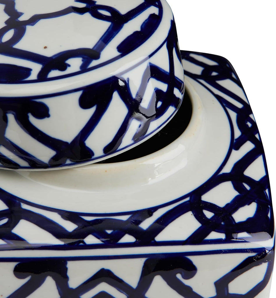 Decorative Square Ceramic Ginger Jar with Lid, Blue and White Geometric Fretwork