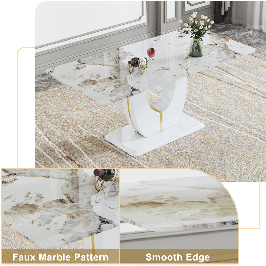 Dining Table Set for 6 with Chairs PU Upholstered, 71'' Pandora White Marble Dining Room Table and Chairs 1162 Gray