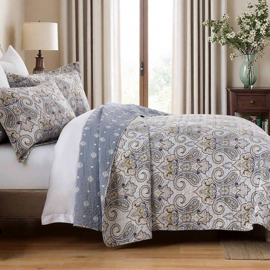 Paisley Quilt Set - 100% Cotton Bedding Blue/Gray/Taupe 3Pcs