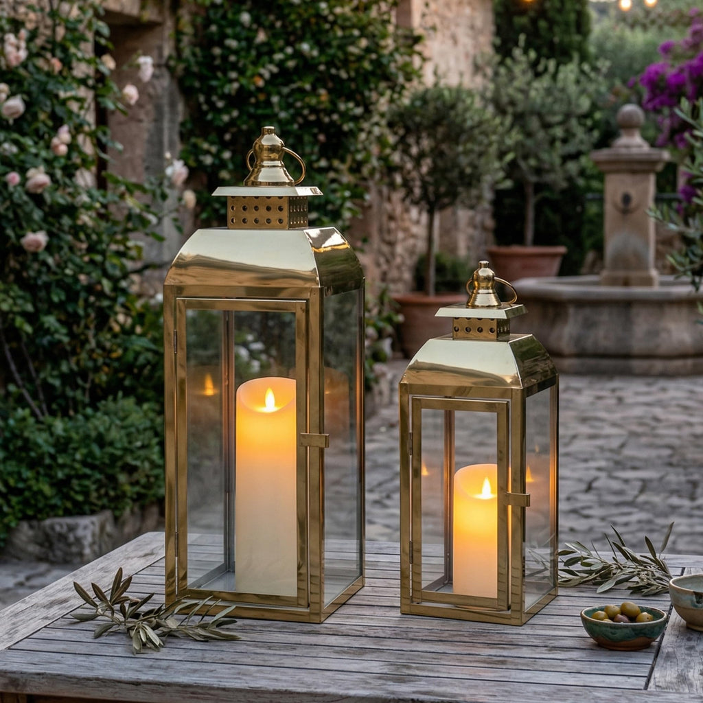 Set of 2 Gold Stainless Steel Decorative Candle Lanterns 20.5"&15" High Metal Candle Lanterns for Indoor Outdoor